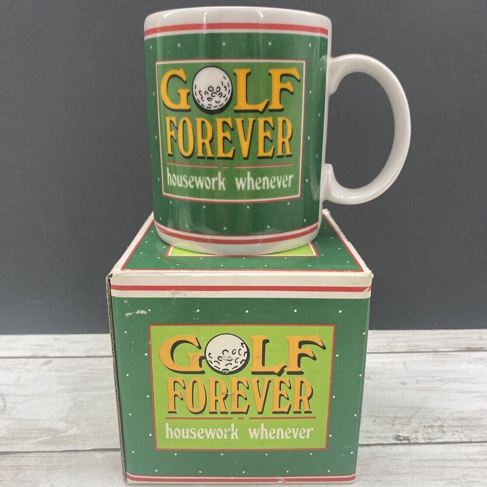 Vintage Golf Forever Housework Work Whenever Ceramic Porcelain Coffee Tea Mug